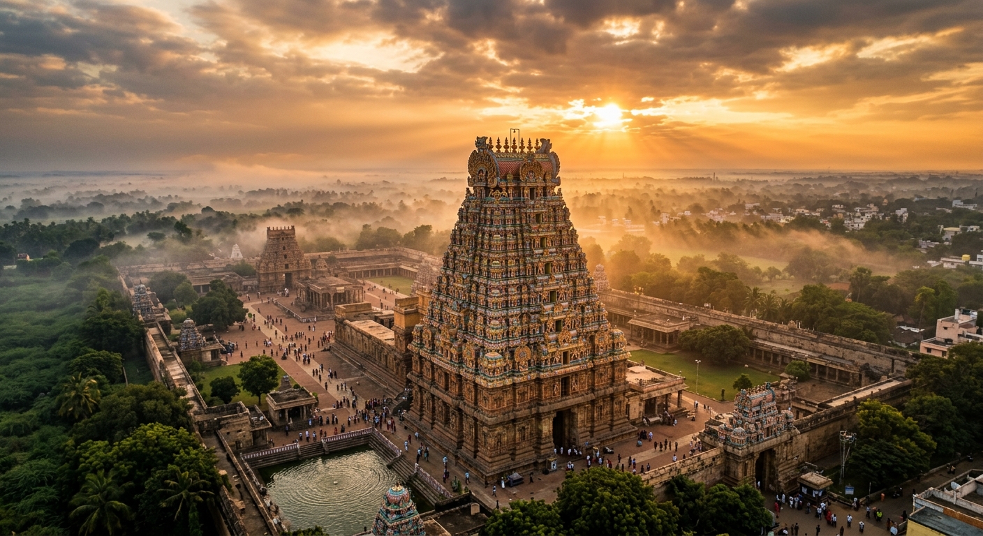 Aerial view of a grand South Indian temple complex at sunrise