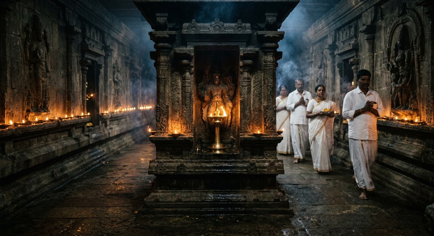 Devotees walking through a lamp-lit ancient temple corridor at Srikalahasti