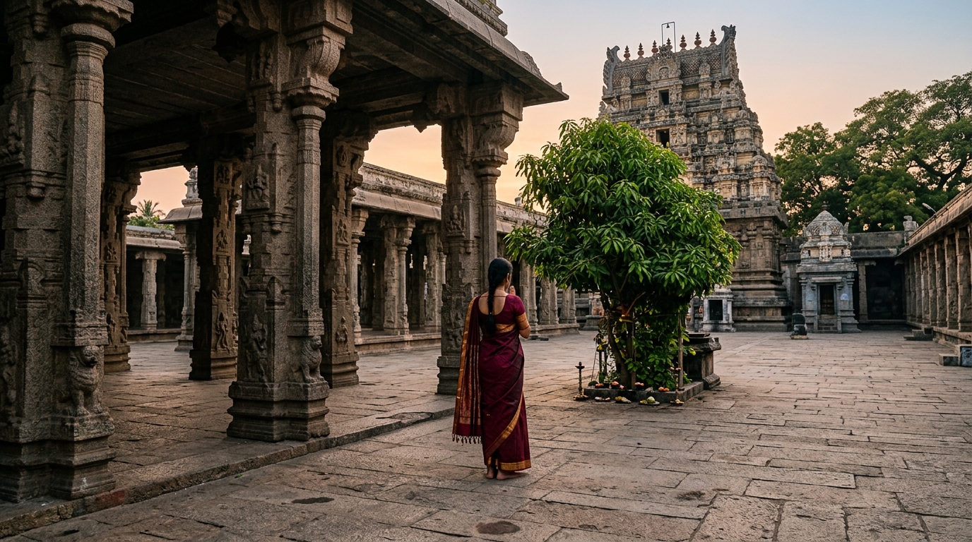 Woman in a sari walking through the pillared courtyard of a Kanchipuram temple