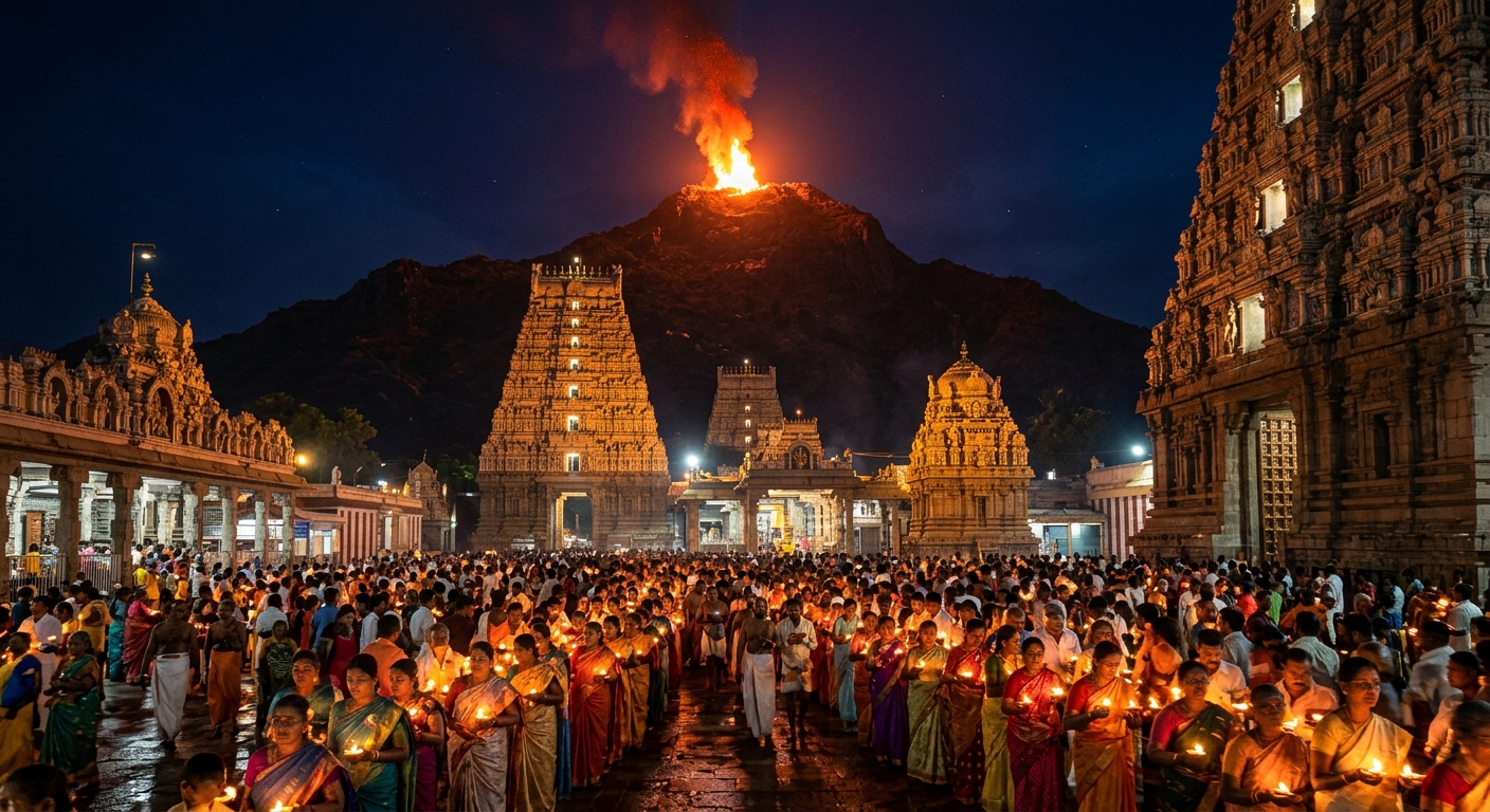 Karthigai Deepam fire festival at Tiruvannamalai temple with the hilltop flame