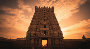 Silhouette of the Chidambaram temple gopuram against an orange sunset sky