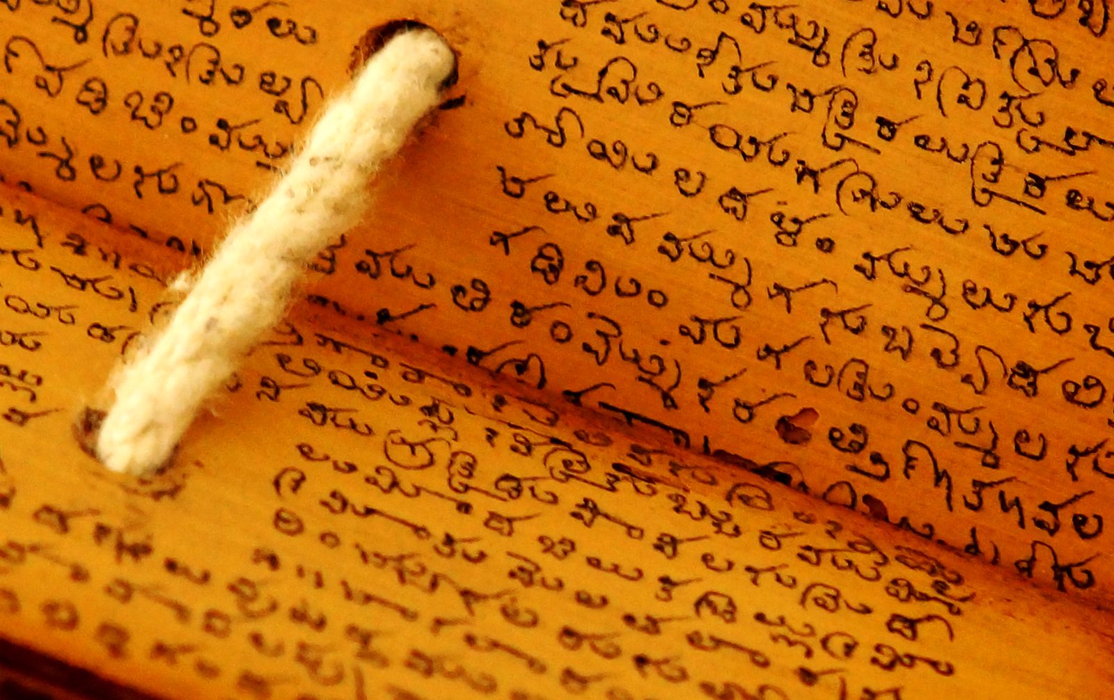 Close-up of Tamil script inscribed on an ancient palm leaf manuscript