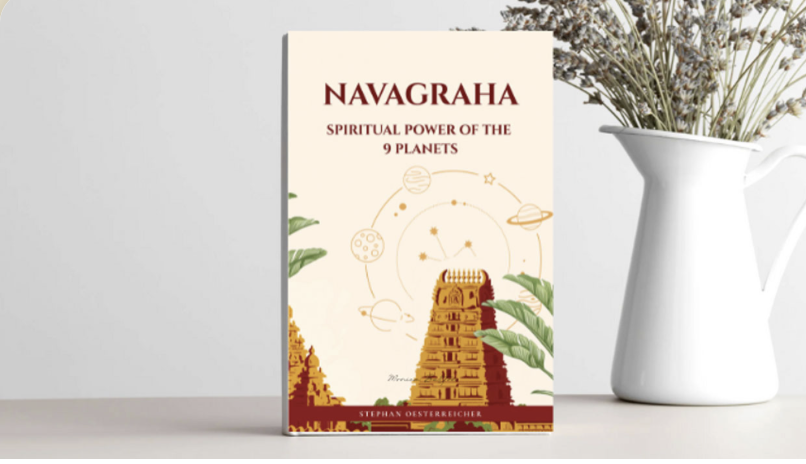 Book cover of 'Navagraha: Spiritual Power of the 9 Planets' displayed beside a vase