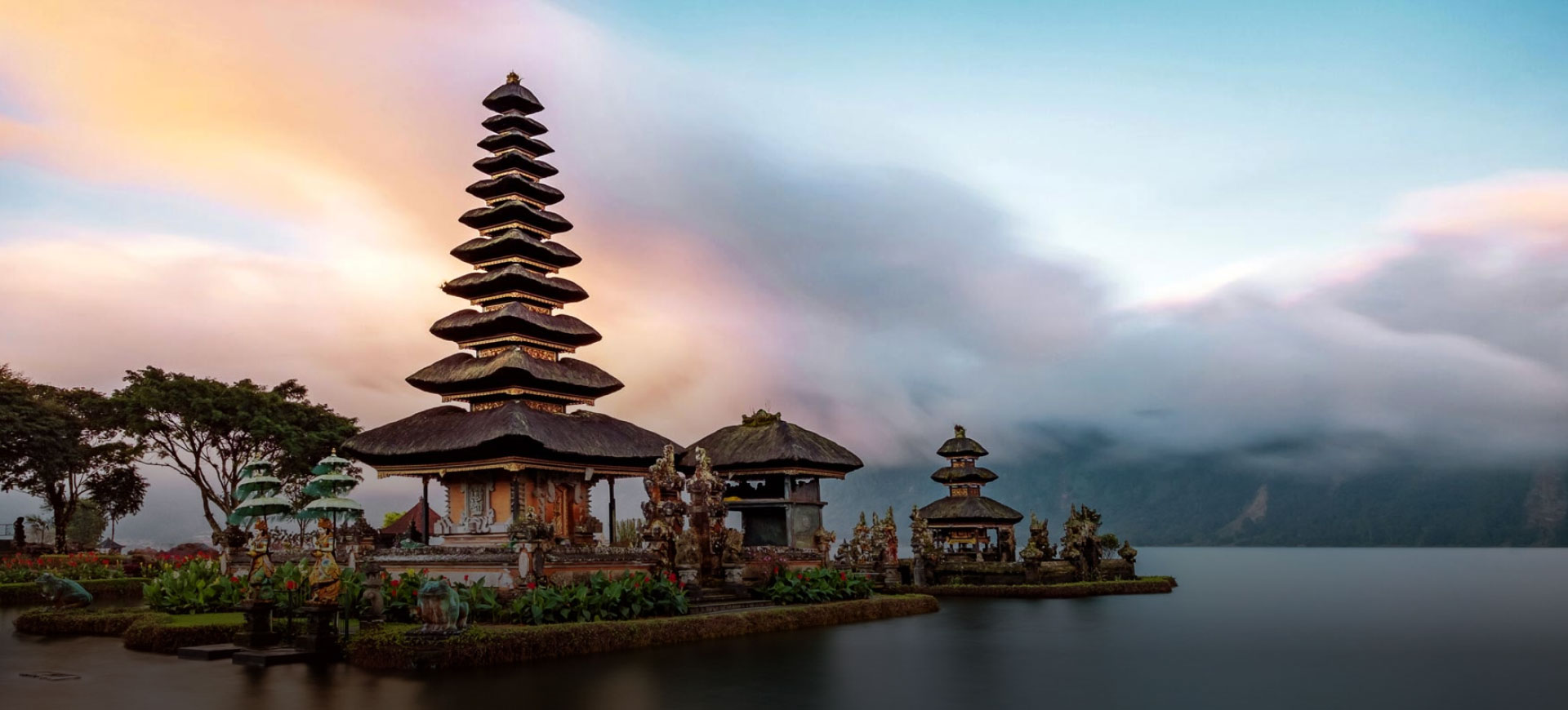 Pura Ulun Danu Bratan lake temple in Bali at sunset