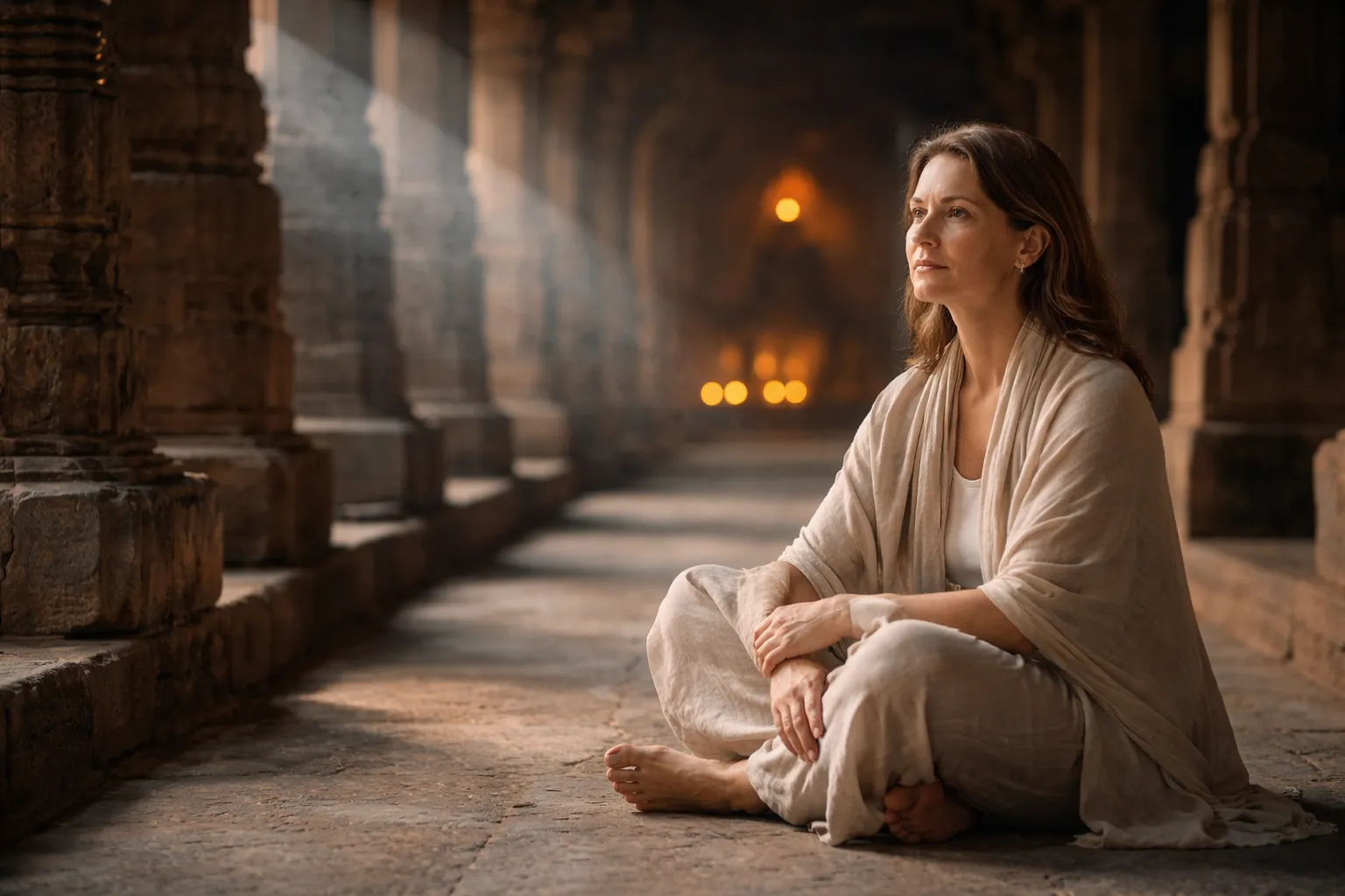 Woman meditating in an ancient South Indian temple corridor