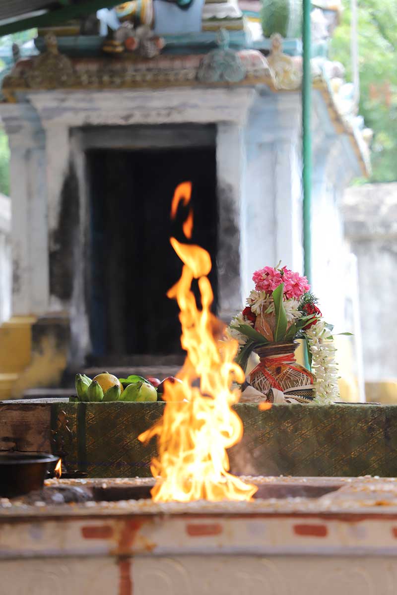 Sacred fire burning before a temple shrine with fruit and flower offerings