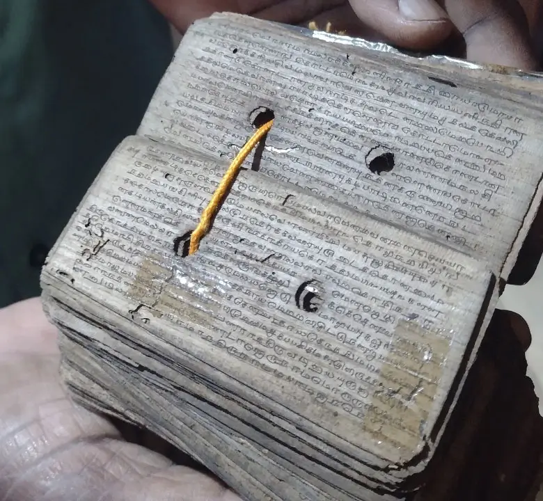 Hands holding an open ancient palm leaf manuscript inscribed in Tamil
