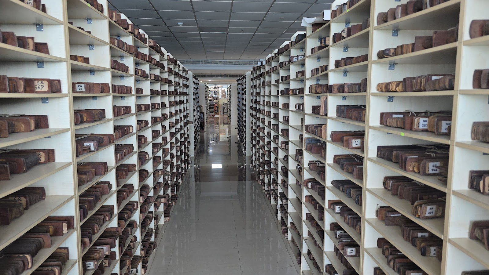 Aisle of a South Indian temple library storing thousands of palm leaf manuscripts